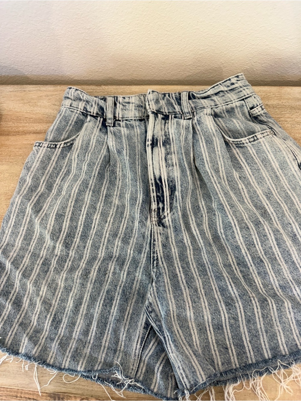 Free People We The Free Size 28 Striped Denim Shorts High Rise Raw Hem